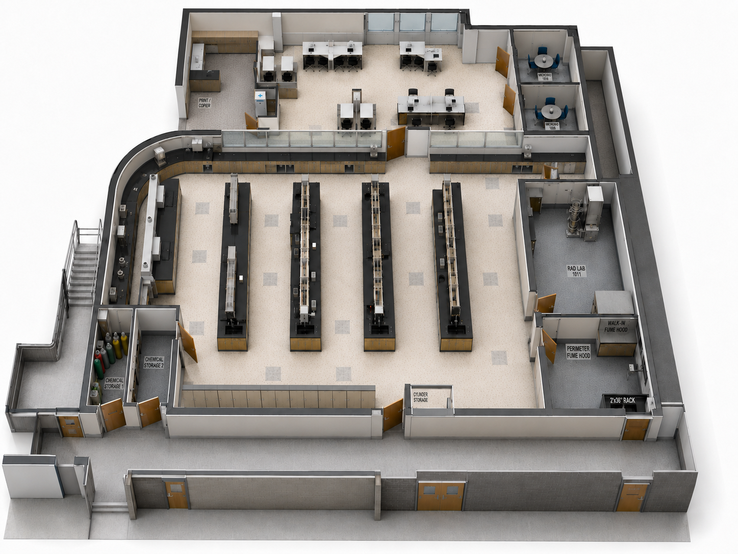 Axonometric rendering of the Balchem research and development laboratory with work benches, specialty rooms, chemical storage, offices, and laboratory support spaces