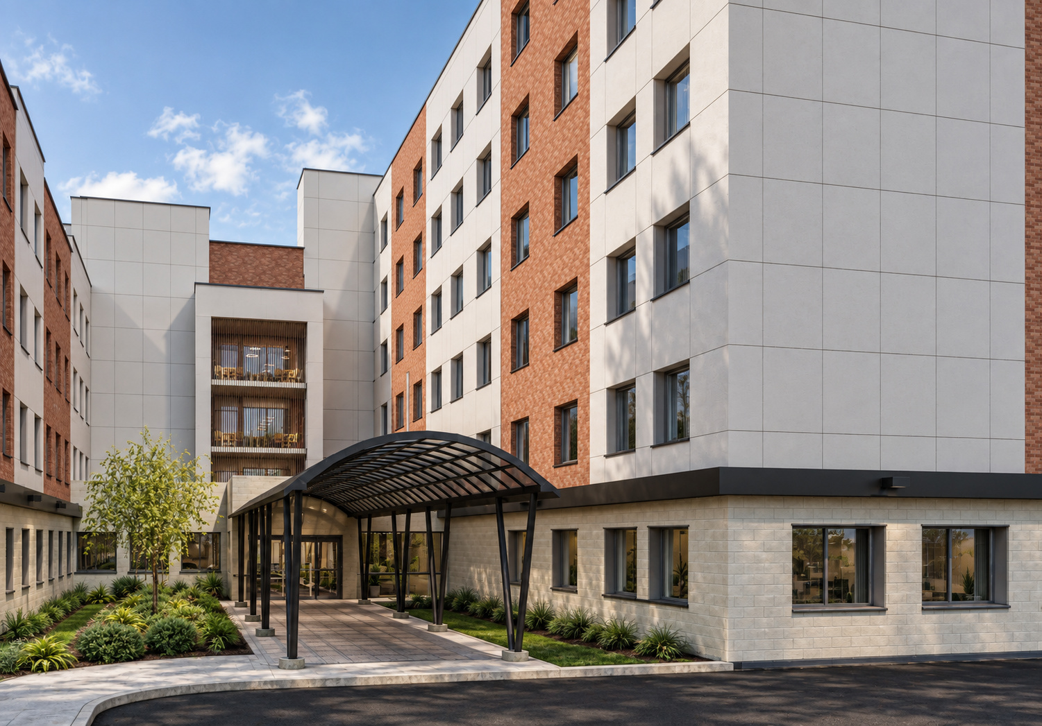 Bronx Center for Rehabilitation and Healthcare exterior rendering showing brick and light cladding with a curved entrance canopy