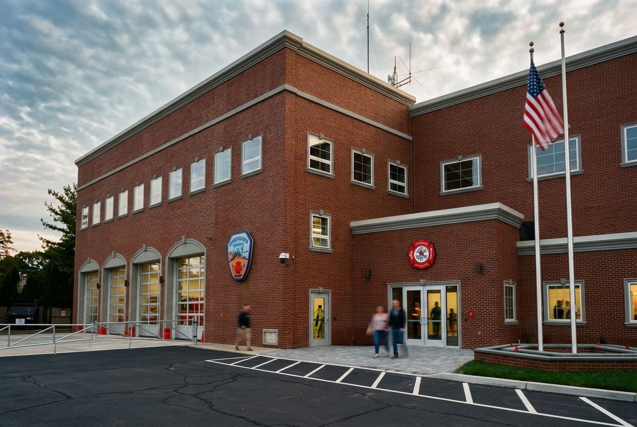 East Farmingdale Fire House No. 2 exterior with brick facade, apparatus bay doors and main entrance