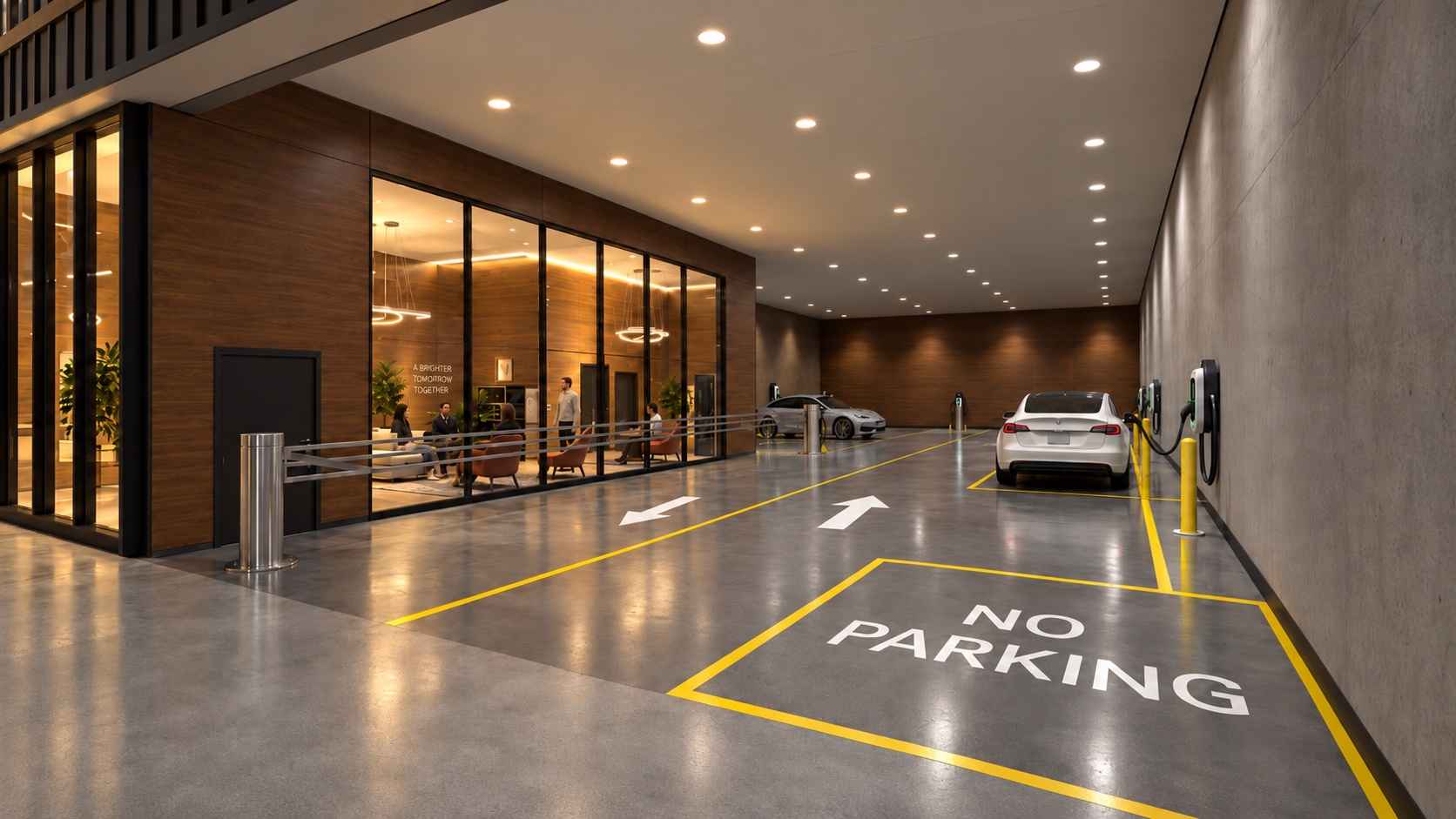 Concept rendering of indoor EV charging bays beside a glass-enclosed lounge with wood finishes and seating