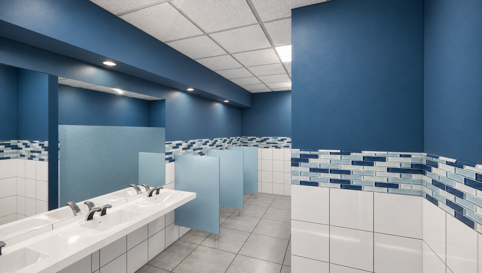 Momentive bathroom renovation rendering with blue walls, mosaic tile accents, sinks and restroom partitions