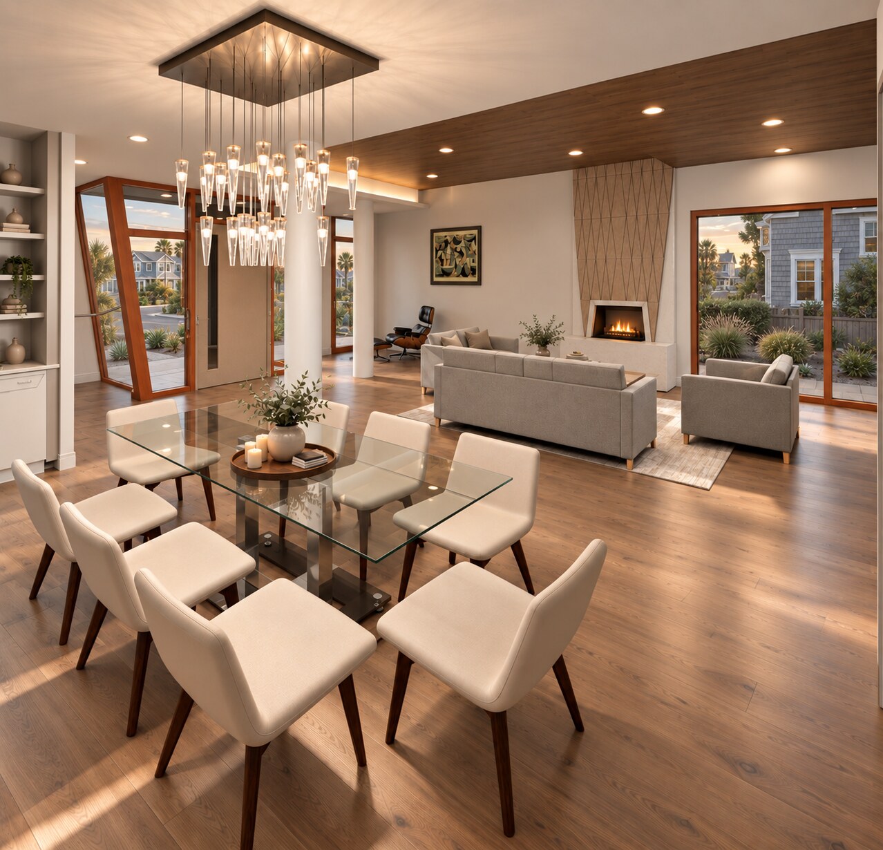 Interior visualization of the Sag Harbor beachfront single-family home showing the dining area, living room, fireplace, and warm wood finishes